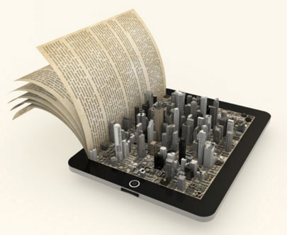 composite image showing a book combined with an electronic tablet that has a cityscape coming up from tablet
