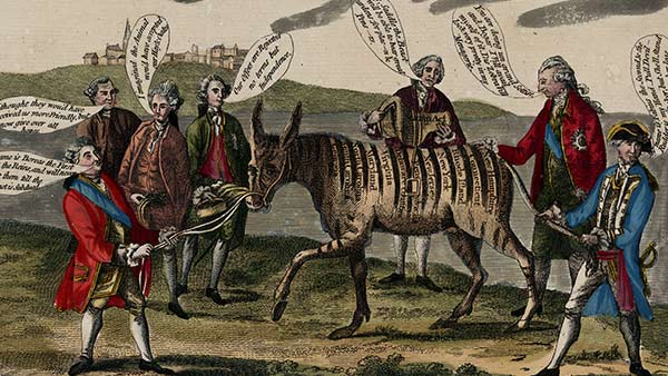 color drawing of a zebra surrounded by six men with text bubbles