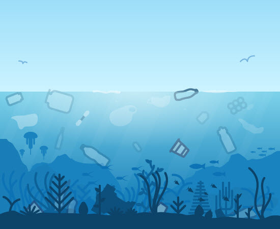 Decorative graphic showing trash in the ocean