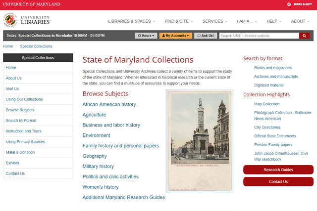 screenshot of University of Maryland Libraries page
