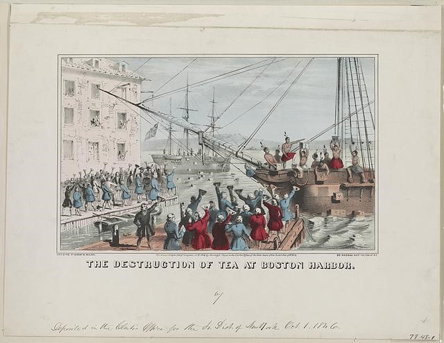 colorful painting of the people throwing tea off of a ship into Boston Harbor